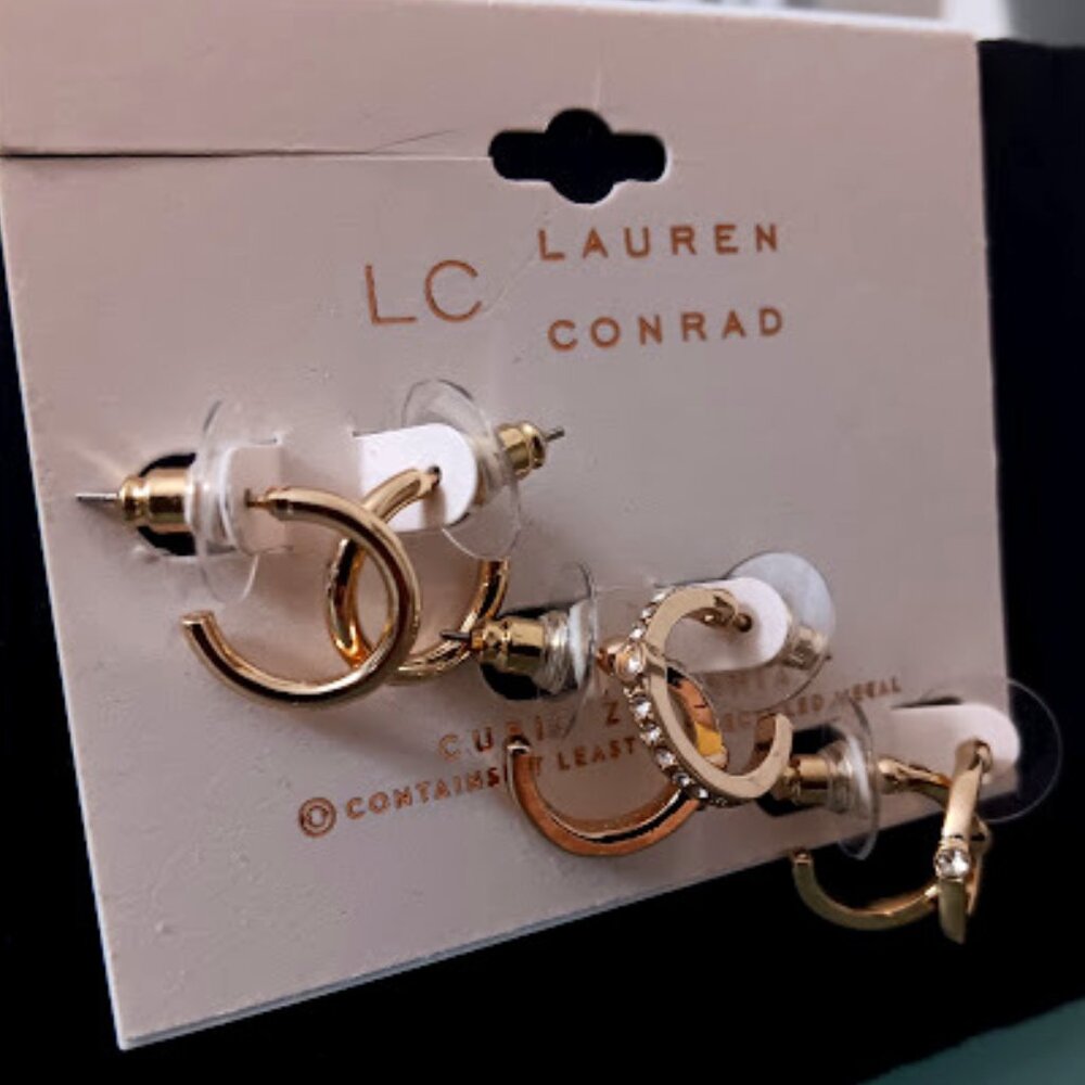 LC LAUREN CONRAD 3pc Gold Pave Crystals/Crystal in Middle/Smooth Hoop Earrings